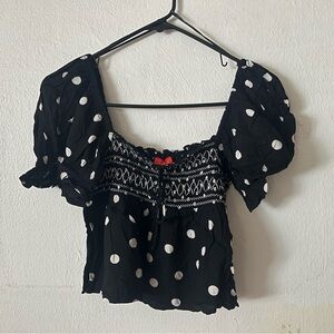 Black Polka Dot Puff Sleeve Crop Top